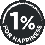 Schwarzes Spendenlogo: 1% FOR HAPPINESS
